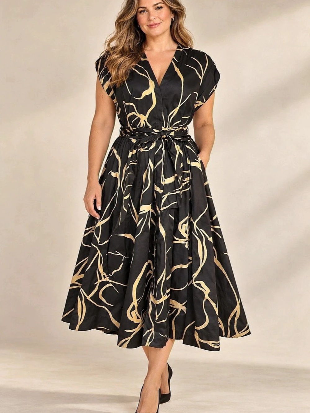 Donna Karan Abstract Floral Belted Midi Dress Black & Yellow